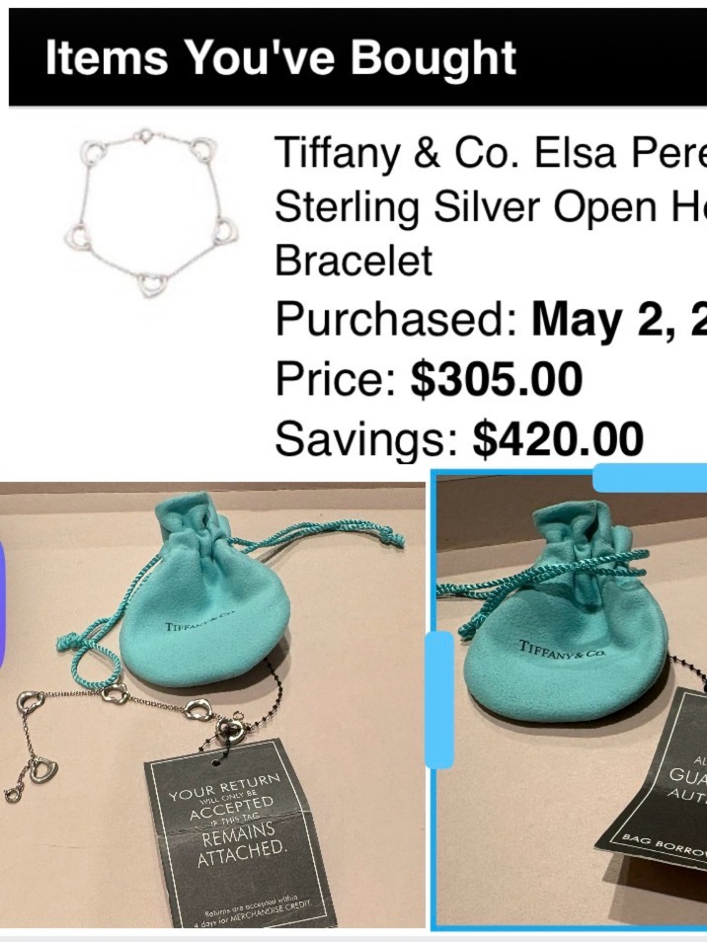 Tiffany & Co. Silver Open Heart Link Bracelet with Blue Pouch